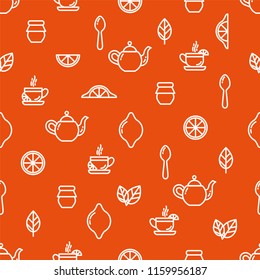 Seamless outline pattern with tea elements, cup of tea, kettle, spoon, lemon, jam jar, mint. Suitable for branding, coffee shop, restaurant menu advertisement, banner, card. Vector, eps 10