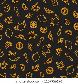 Seamless outline pattern with tea elements, cup of tea, kettle, spoon, lemon, jam jar, mint. Suitable for branding, coffee shop, restaurant menu advertisement, banner, card. Vector, eps 10