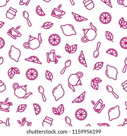 Seamless outline pattern with tea elements, cup of tea, kettle, spoon, lemon, jam jar, mint. Suitable for branding, coffee shop, restaurant menu advertisement, banner, card. Vector, eps 10