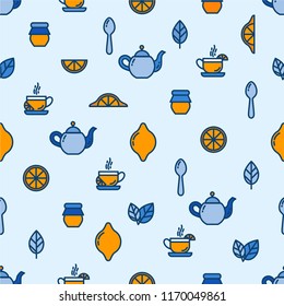 Seamless outline pattern with tea elements, cup of tea, kettle, spoon, lemon, jam jar, mint. Suitable for branding, coffee shop, restaurant menu advertisement, banner, card. Vector, eps 10