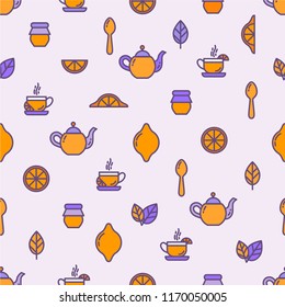 Seamless outline pattern with tea elements, cup of tea, kettle, spoon, lemon, jam jar, mint. Suitable for branding, coffee shop, restaurant menu advertisement, banner, card. Vector, eps 10