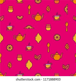 Seamless outline pattern with tea elements, cup of tea, kettle, spoon, lemon, jam jar, mint. Suitable for branding, coffee shop, restaurant menu advertisement, banner, card. Vector, eps 10