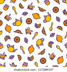 Seamless outline pattern with tea elements, cup of tea, kettle, spoon, lemon, jam jar, mint. Suitable for branding, coffee shop, restaurant menu advertisement, banner, card. Vector, eps 10