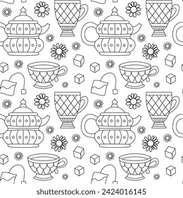 Seamless outline pattern with tea elements, cup of tea, kettle  and daisies. Suitable for branding, coffee shop, restaurant menu advertisement, banner, card.