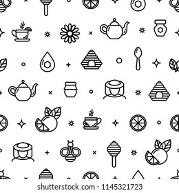 Seamless outline pattern with tea and honey elements, cup of tea, teapot, spoon, lemon, honey jar. Suitable for branding, coffee shop, restaurant, menu, beekeeping, banner, card. Vector, eps 10