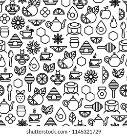Seamless outline pattern with tea and honey elements, cup of tea, teapot, spoon, lemon, honey jar. Suitable for branding, coffee shop, restaurant, menu, beekeeping, banner, card. Vector, eps 10