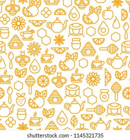 Seamless outline pattern with tea and honey elements, cup of tea, teapot, spoon, lemon, honey jar. Suitable for branding, coffee shop, restaurant, menu, beekeeping, banner, card. Vector, eps 10
