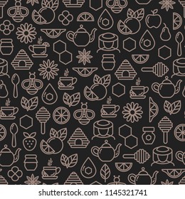 Seamless outline pattern with tea and honey elements, cup of tea, teapot, spoon, lemon, honey jar. Suitable for branding, coffee shop, restaurant, menu, beekeeping, banner, card. Vector, eps 10