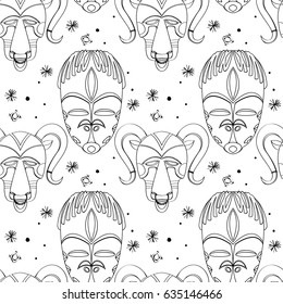 Seamless outline pattern with tribal masks in black and white colors. Hand drawn design for fashion, textile, fabric, wrapping paper, tiles, website wallpaper, background. 