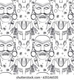 Seamless outline pattern with tribal masks in black and white colors. Hand drawn design for fashion, textile, fabric, wrapping paper, tiles, website wallpaper, background. 