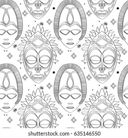Seamless outline pattern with tribal masks in black and white colors. Hand drawn design for fashion, textile, fabric, wrapping paper, tiles, website wallpaper, background. 