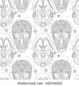 Seamless outline pattern with tribal masks in black and white colors. Hand drawn design for fashion, textile, fabric, wrapping paper, tiles, website wallpaper, background. 