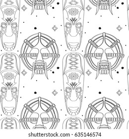 Seamless outline pattern with tribal masks in black and white colors. Hand drawn design for fashion, textile, fabric, wrapping paper, tiles, website wallpaper, background. 