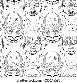Seamless outline pattern with tribal masks in black and white colors. Hand drawn design for fashion, textile, fabric, wrapping paper, tiles, website wallpaper, background. 