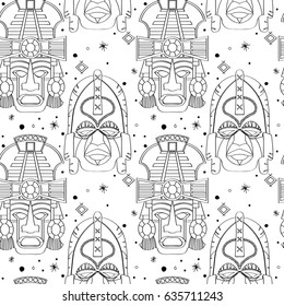 Seamless outline pattern with tribal masks in black and white colors. Hand drawn design for fashion, textile, fabric, wrapping paper, tiles, website wallpaper, background.