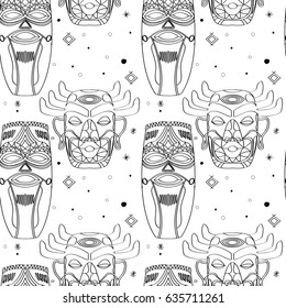 Seamless outline pattern with tribal masks in black and white colors. Hand drawn design for fashion, textile, fabric, wrapping paper, tiles, website wallpaper, background.