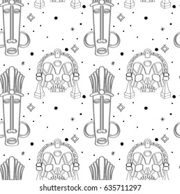 Seamless outline pattern with tribal masks in black and white colors. Hand drawn design for fashion, textile, fabric, wrapping paper, tiles, website wallpaper, background.