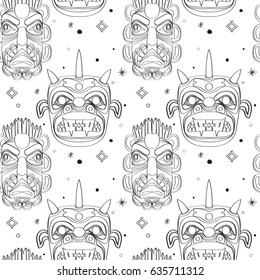 Seamless outline pattern with tribal masks in black and white colors. Hand drawn design for fashion, textile, fabric, wrapping paper, tiles, website wallpaper, background.