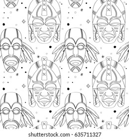 Seamless outline pattern with tribal masks in black and white colors. Hand drawn design for fashion, textile, fabric, wrapping paper, tiles, website wallpaper, background.