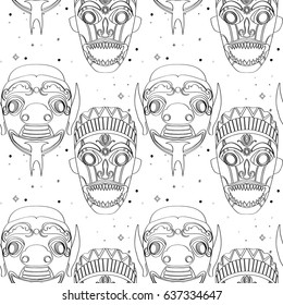Seamless outline pattern with tribal masks in black and white colors. Hand drawn design for fashion, textile, fabric, wrapping paper, tiles, website wallpaper, background.