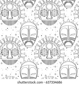 Seamless outline pattern with tribal masks in black and white colors. Hand drawn design for fashion, textile, fabric, wrapping paper, tiles, website wallpaper, background.