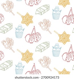 Seamless outline pattern with various holiday sweets, treats. Caramel apples on stick, marshmallows on stick, wrapped candy, cockerel stick, muffin. Repetitive texture for holiday packaging, colored