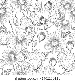 Seamless outline pattern with wildflowers poppy and chamomile, floral background. Vector illustration