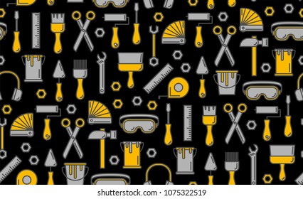 Seamless outline pattern with working tools for construction, building and home repair icons. Vector illustration. Elements for design. Hand work tools collection. Graphic texture for design, wallpape