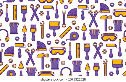 Seamless outline pattern with working tools for construction, building and home repair icons. Vector illustration. Elements for design. Hand work tools collection. Graphic texture for design, wallpape