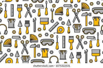 Seamless outline pattern with working tools for construction, building and home repair icons. Vector illustration. Elements for design. Hand work tools collection. Graphic texture for design, wallpape