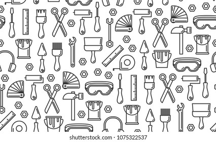 Seamless outline pattern with working tools for construction, building and home repair icons. Vector illustration. Elements for design. Hand work tools collection. Graphic texture for design, wallpape