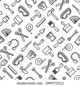Seamless outline pattern with working tools for construction, building and home repair icons. Vector illustration. Elements for design. Hand work tools collection. Graphic texture for design