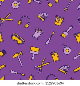 Seamless outline pattern with working tools for construction, building and home repair icons. Vector illustration. Elements for design. Hand work tools collection. Graphic texture for design, wallpape