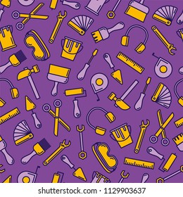 Seamless outline pattern with working tools for construction, building and home repair icons. Vector illustration. Elements for design. Hand work tools collection. Graphic texture for design, wallpape
