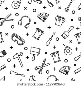 Seamless outline pattern with working tools for construction, building and home repair icons. Vector illustration. Elements for design. Hand work tools collection. Graphic texture for design, wallpape