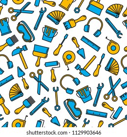 Seamless outline pattern with working tools for construction, building and home repair icons. Vector illustration. Elements for design. Hand work tools collection. Graphic texture for design, wallpape