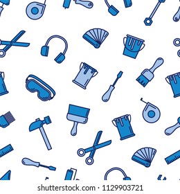 Seamless outline pattern with working tools for construction, building and home repair icons. Vector illustration. Elements for design. Hand work tools collection. Graphic texture for design, wallpape