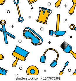 Seamless outline pattern with working tools for construction, building and home repair icons. Vector illustration. Elements for design. Hand work tools collection. Graphic texture for design, branding
