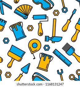 Seamless outline pattern with working tools for construction, building and home repair icons. Vector illustration. Elements for design. Hand work tools collection. Graphic texture for design, branding