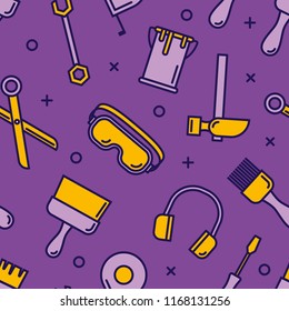 Seamless outline pattern with working tools for construction, building and home repair icons. Vector illustration. Elements for design. Hand work tools collection. Graphic texture for design, branding