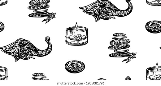 Nahtlose Skizze indonesisches Muster von Elefantenkopf, Kerze und Balancestein. Unendliche Tinte, Vektorgrafik von Bali Resort einzeln auf weißem Hintergrund. Schwarze indonesische Illustration.
