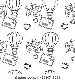 Seamless outline travel pattern with balloon, ticket, suitcase 