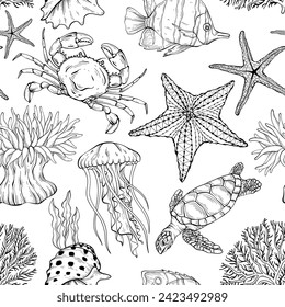 Seamless outline underwater pattern. Various shell, algae, turtle, crab, crayfish, jellyfish, shell coral starfish anemone Vector illustration