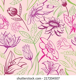 Seamless outline vector background with pink and purple flowers 