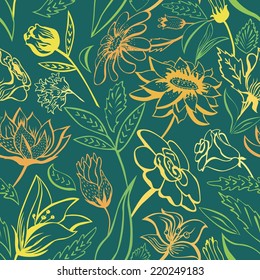 Seamless outline vector background with vintage flowers 