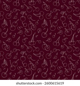Seamless outline vector pattern with cherries. Red and pink pattern for fabrics, wrapping paper, wallpapers.