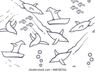 Seamless outline vector pattern with penguins. Vector illustration.