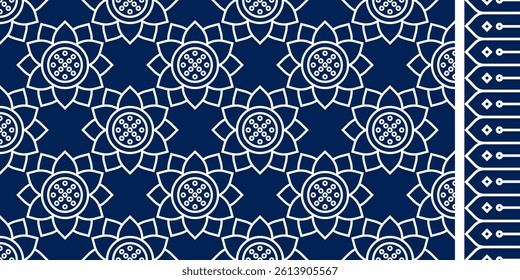 Seamless outline white modern Thai pattern on a dark blue background. Use for fabric print, background, card or backdrop.