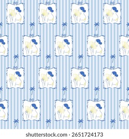 Seamless Outline Woman Character with Fan Portrait. Spanish Style. Mediterranean Life Vintage Art. Whimsical Doodle Line Flower Stroke Symbol Textile Swatch. Girly Dairy Striped Sophisticated Surface.