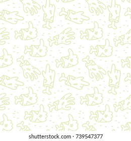 Seamless outline Zombie pattern with hands and bones: thumbs up, pointing finger. Vector clip art background texture for web, print, textile in hand drawn cartoon, doodle cute style on white